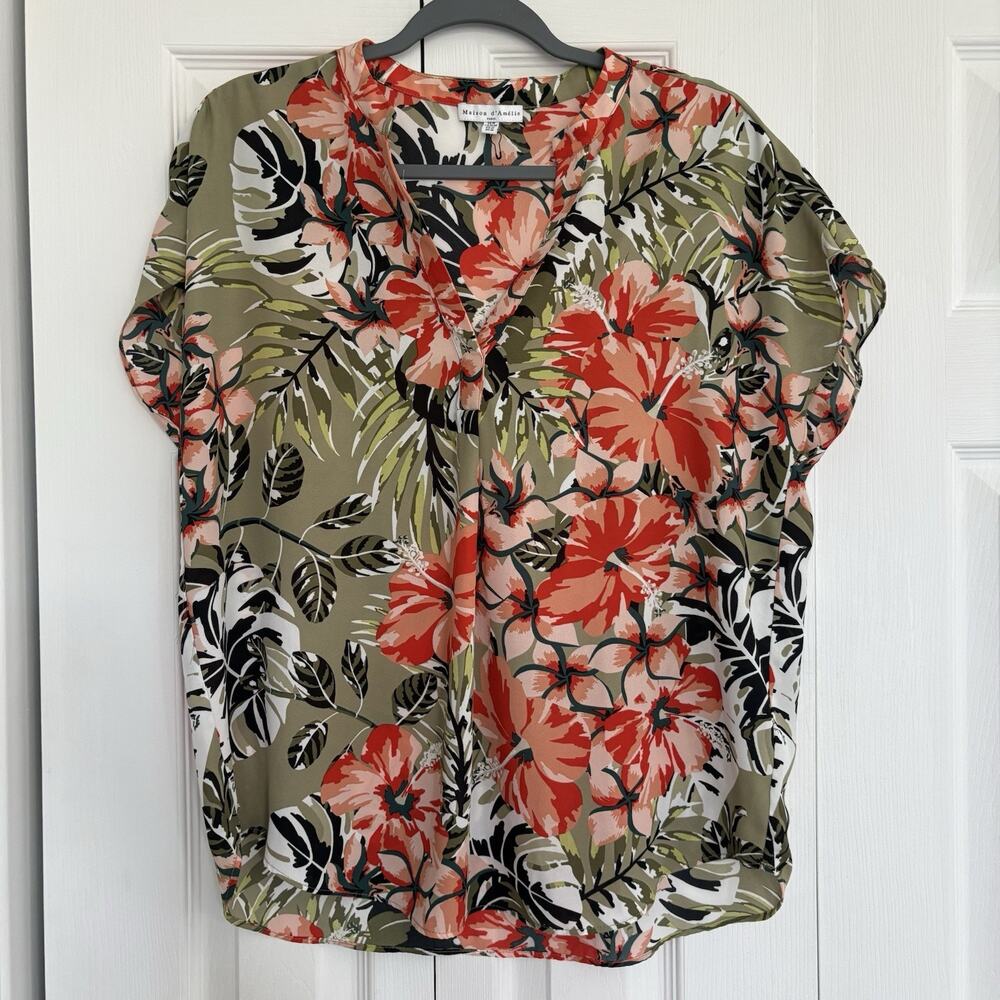 Maison d’Amelie Paris Tropical Floral Blouse Women’s M Olive Split Neck Top